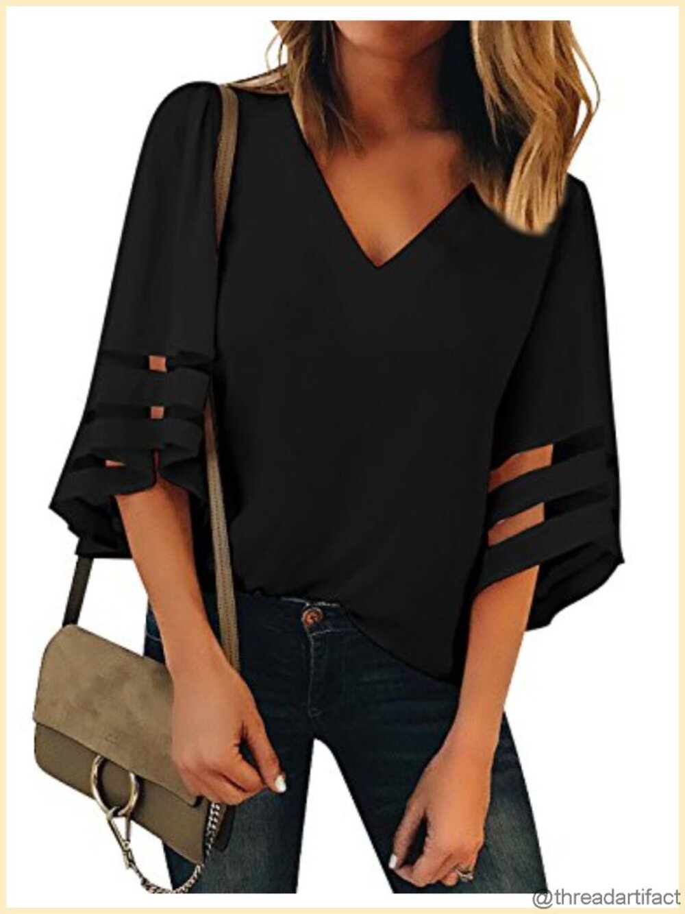 Women's V Neck 3/4 Bell Sleeve Mesh Panel Loose Blouse Top